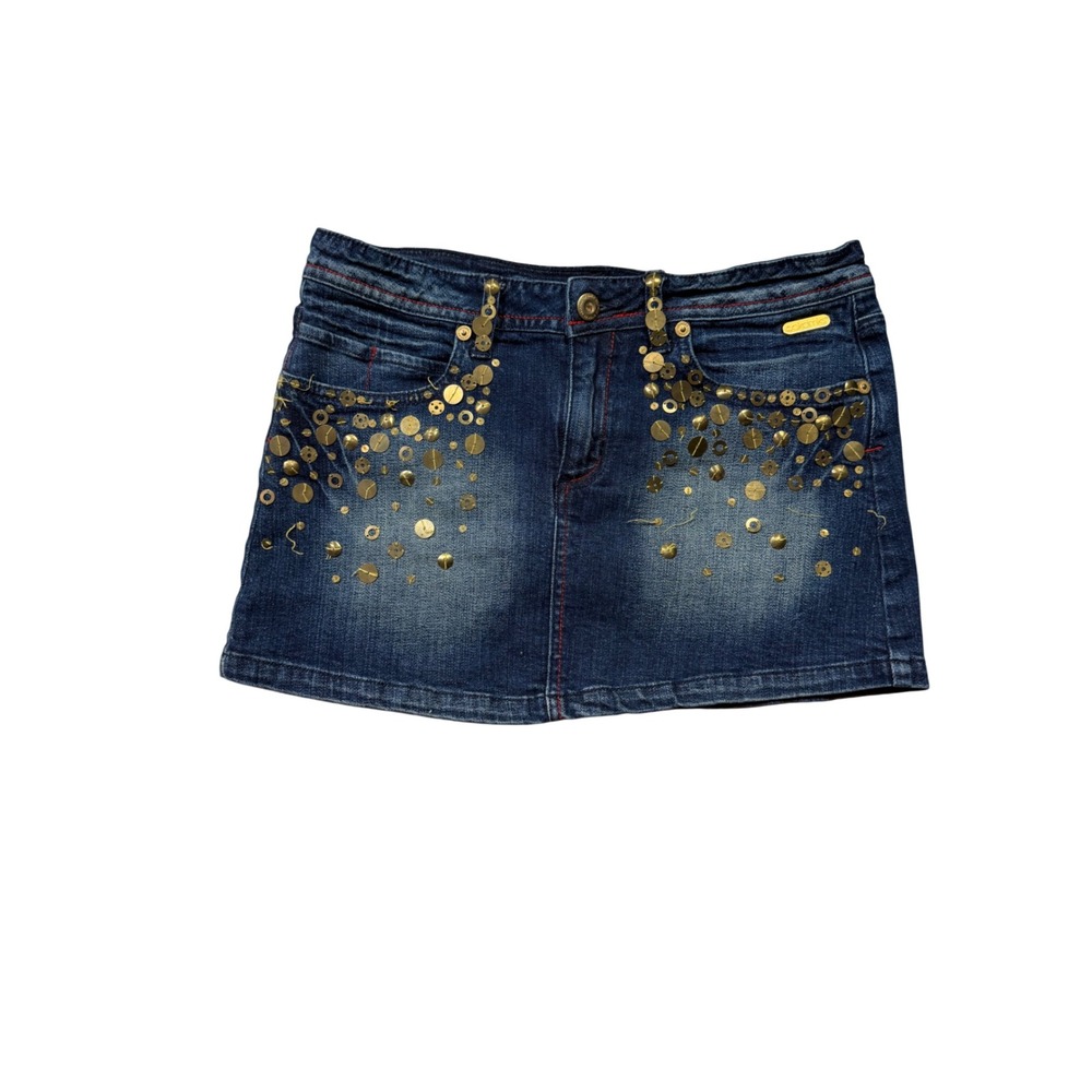Y2K Akademiks Denim Mini Skirt M Gold Sequin Embellished Low Rise 2000s